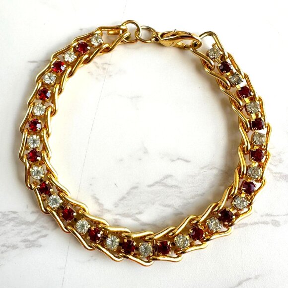 Gold Plated Red & Clear Rhinestone Chain Bracelet With Lobster Clasp - Picture 1 of 9